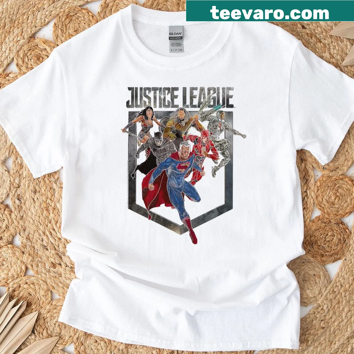 T-shirt featuring Justice League characters in an emblem design — on a men's t-shirt