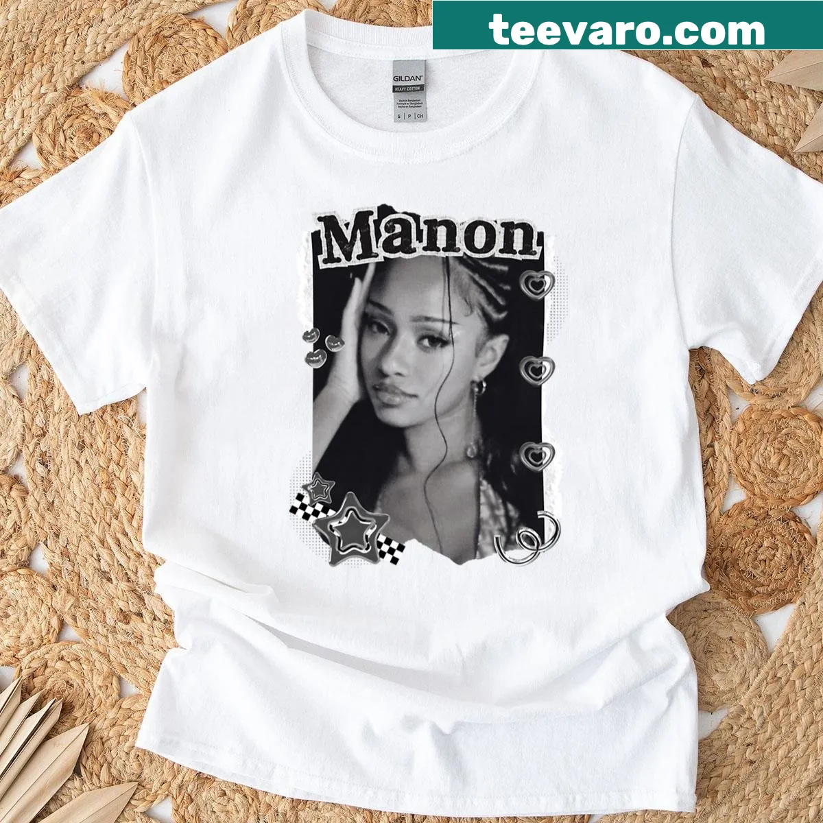 Black and white collage digital art portrait t-shirt of Kateye Manon — on a men's t-shirt