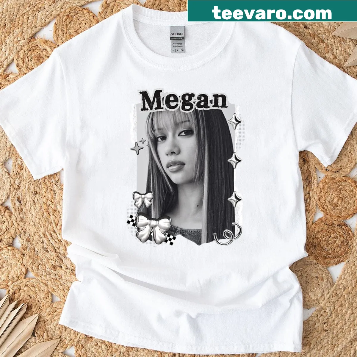 Black and white collage digital art portrait t-shirt of Kateye Megan — on a men's t-shirt