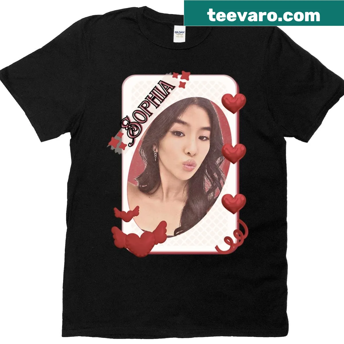 Red aesthetic collage of Kateye Sophia Kpop group on a t-shirt — on a men's t-shirt
