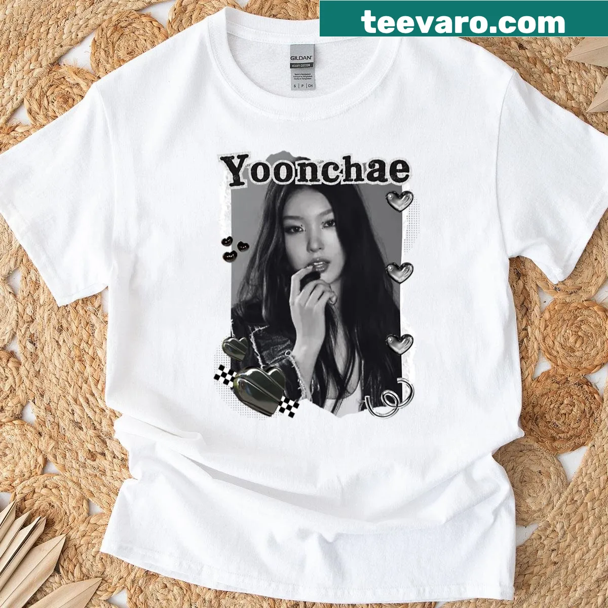 Black and white digital art portrait of Kateye Yoonchae on a t-shirt — on a men's t-shirt