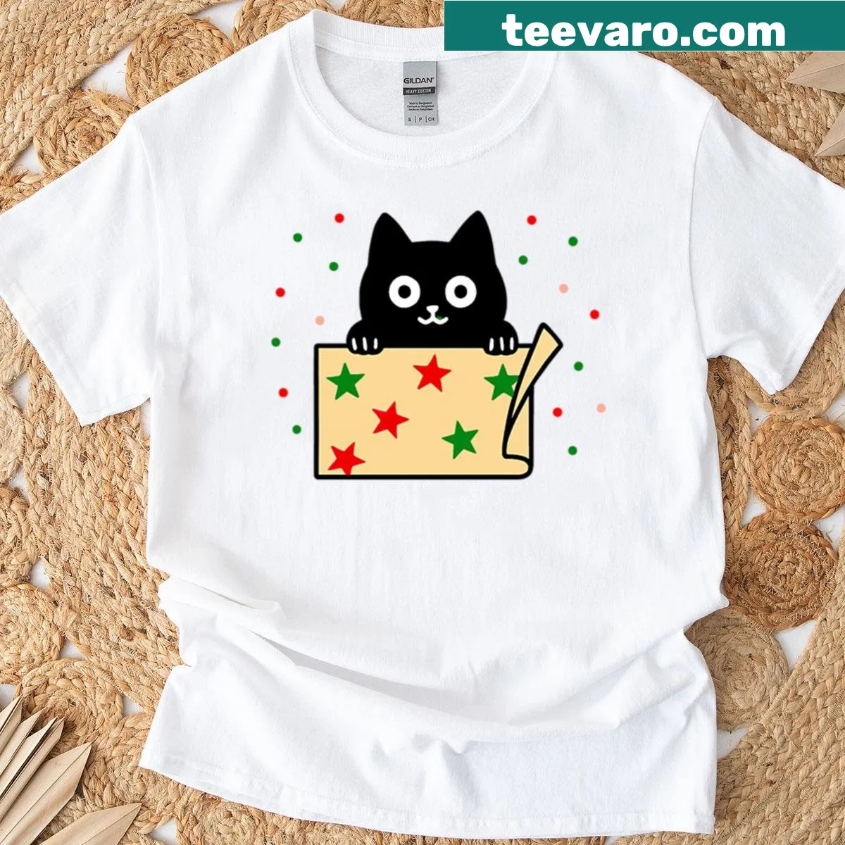 Kawaii black cat with Christmas elements on shirt — on a men's t-shirt