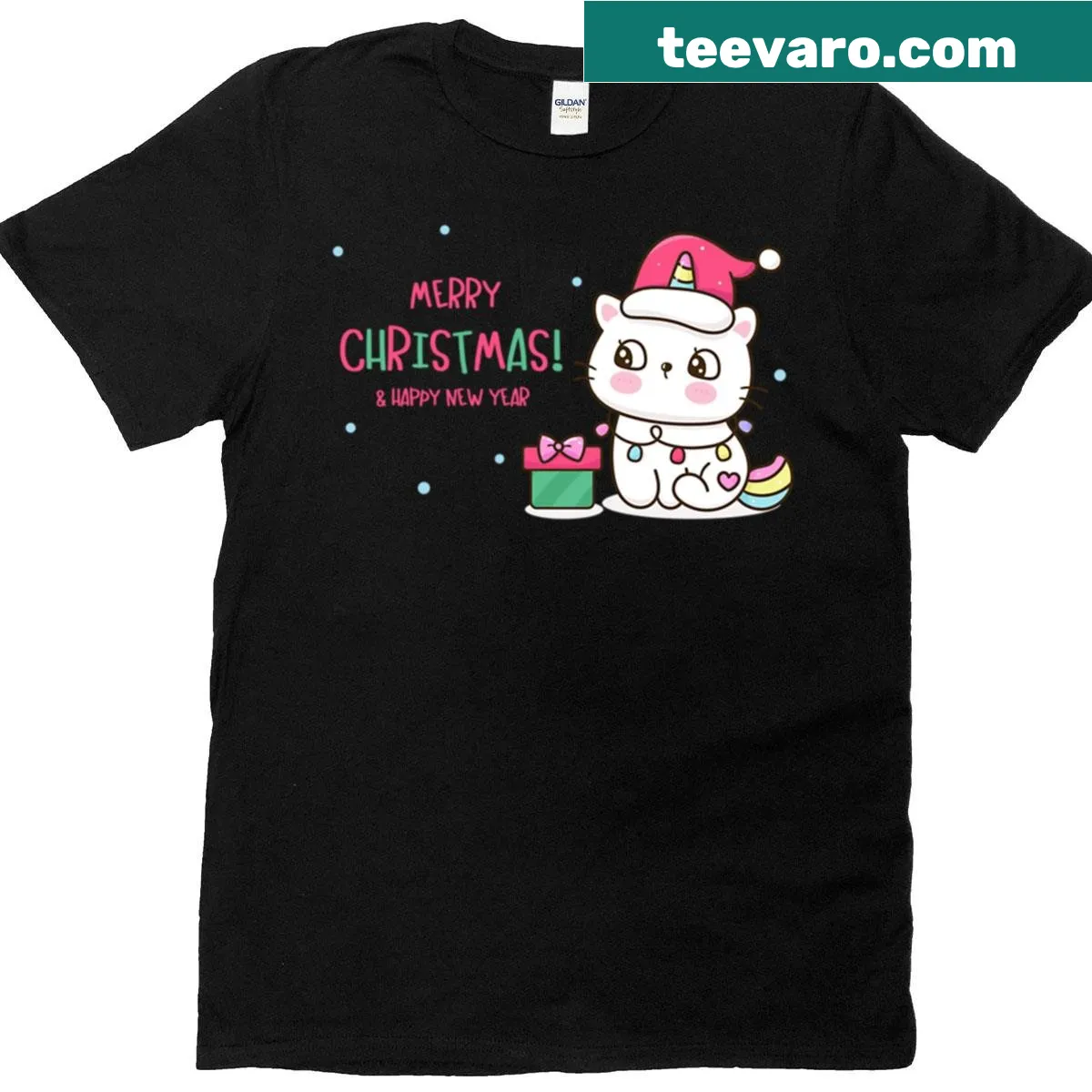 Kawaii Christmas Cat Unicorn t-shirt with Santa hat and lights illustration — on a men's t-shirt