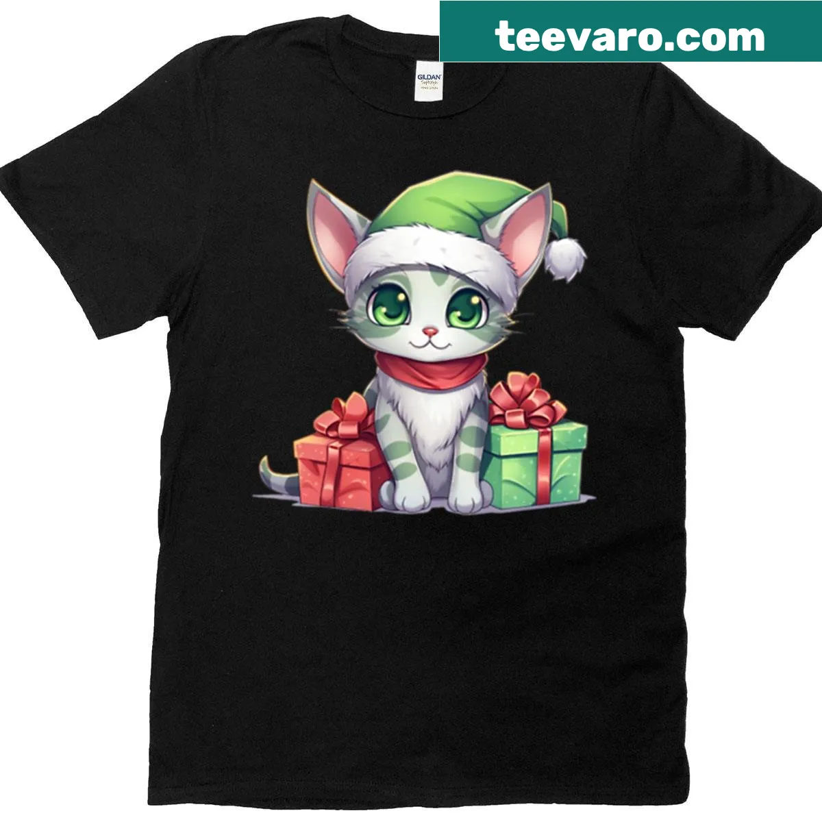 Kawaii Christmas Cat with green Santa hat and gifts design on T-shirt — on a men's t-shirt