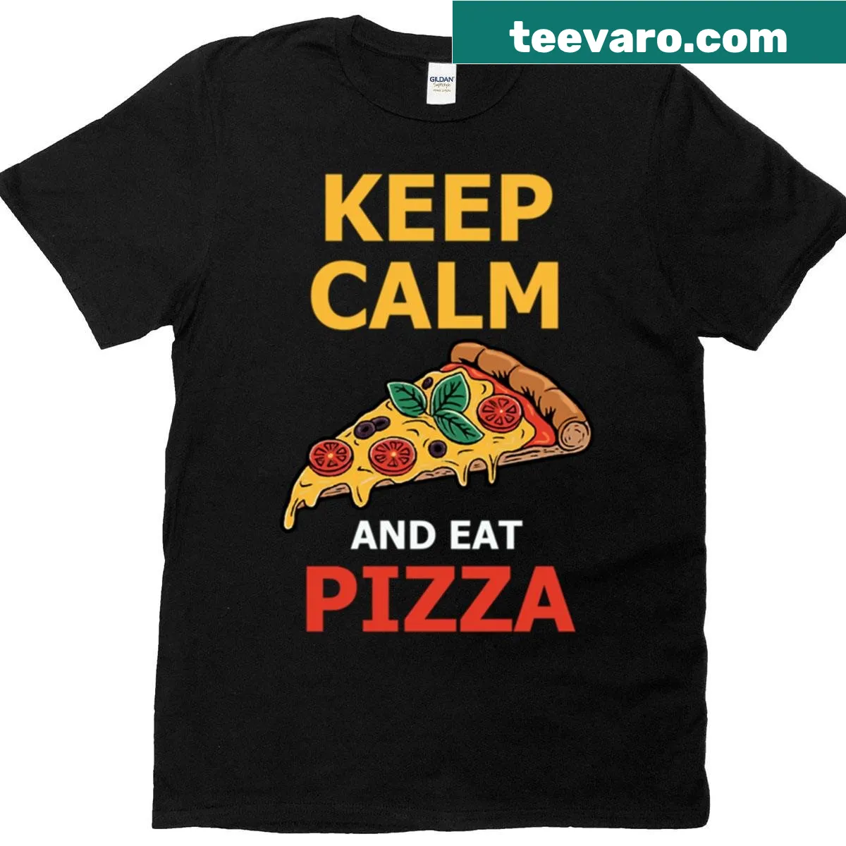 Funny pizza-themed T-shirt with 'Keep Calm And Eat Pizza' — on a men's t-shirt