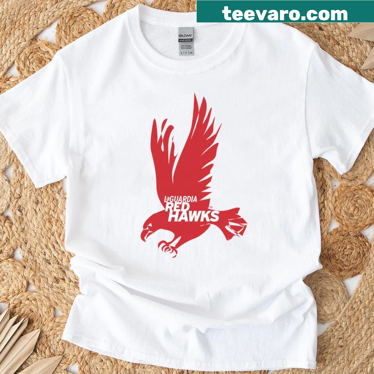 Laguardia Community College Red Hawks logo on a T-shirt — on a men's t-shirt