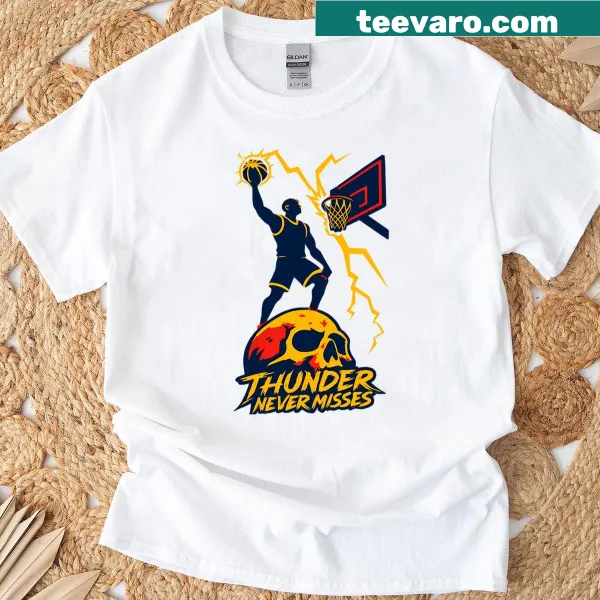 Surreal graphic of a lightning skull with basketball theme on T-shirt