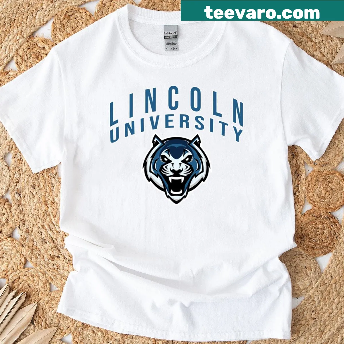 Lincoln University Blue Tigers primary logo t-shirt — on a men's t-shirt