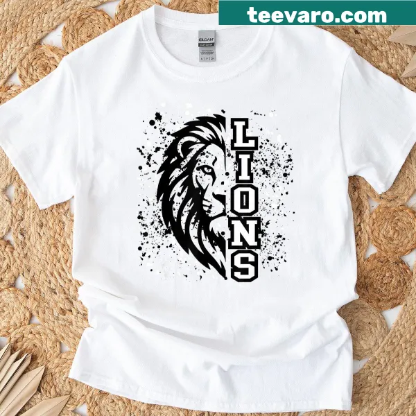 Dynamic lion mascot logo with a splatter design on game day t-shirt