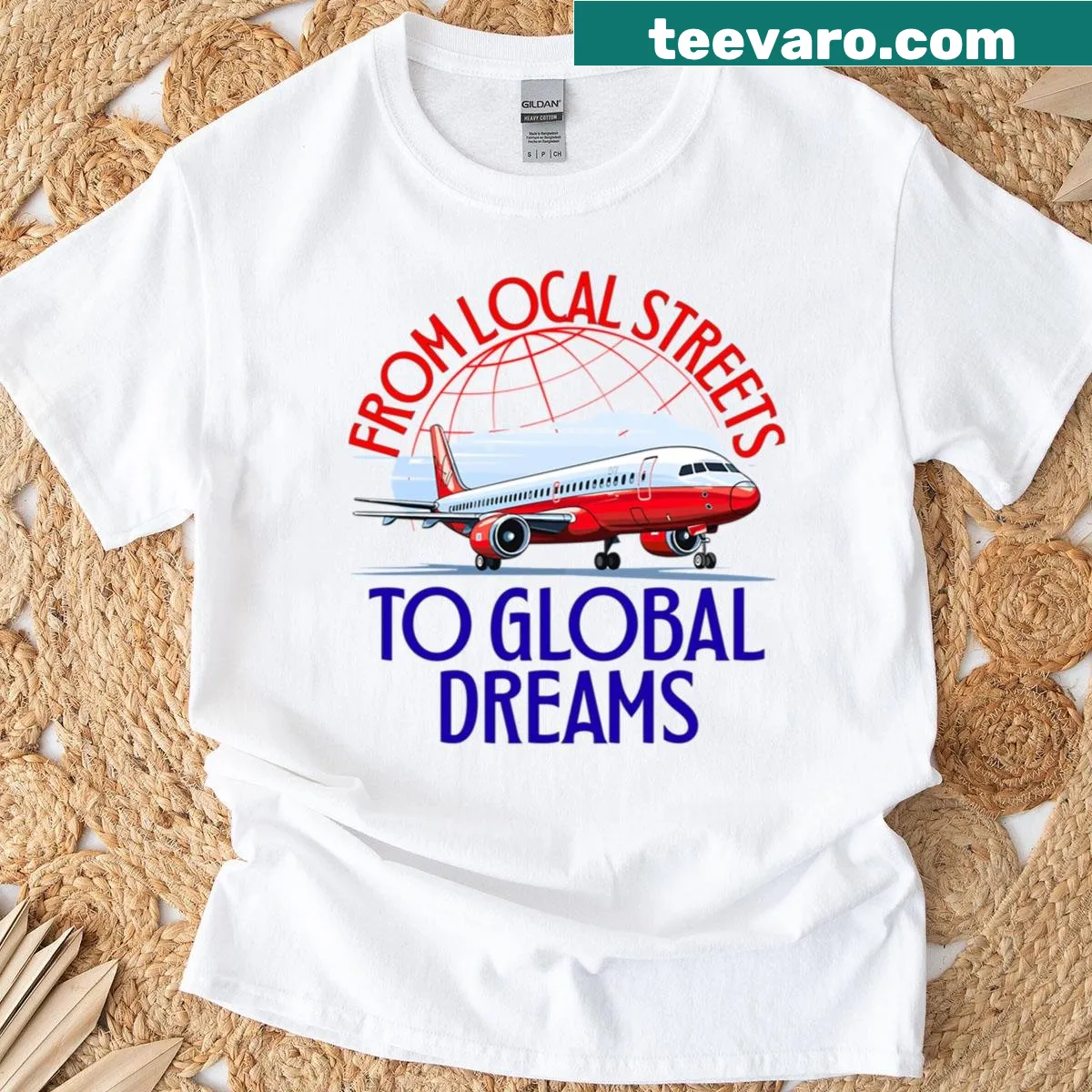 Cultural design t-shirt representing local roots and global dreams — on a men's t-shirt