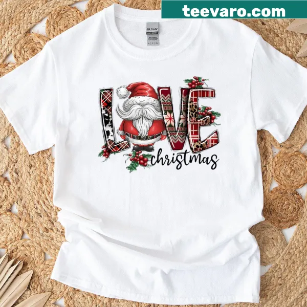 Christmas T-shirt with a Santa gnome graphic in plaid and leopard patterns