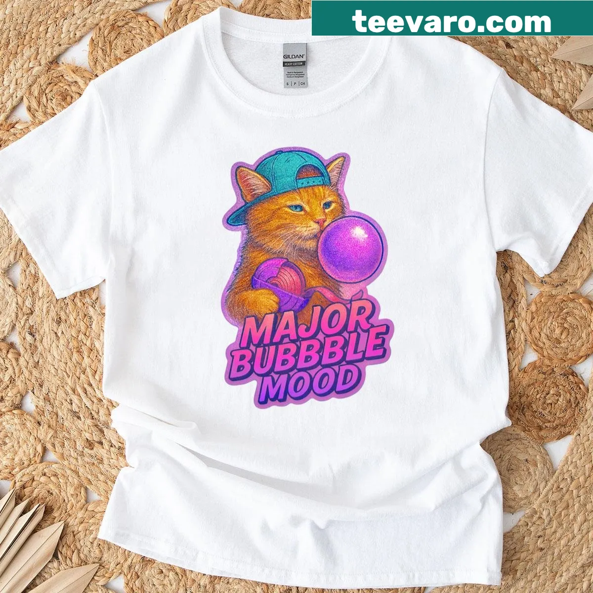Fun cartoon cat blowing bubblegum design t-shirt — on a men's t-shirt