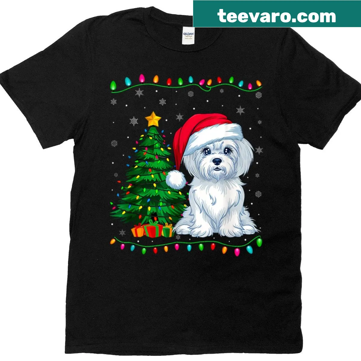 Christmas t-shirt featuring a Maltese dog in a Santa hat with lights — on a men's t-shirt
