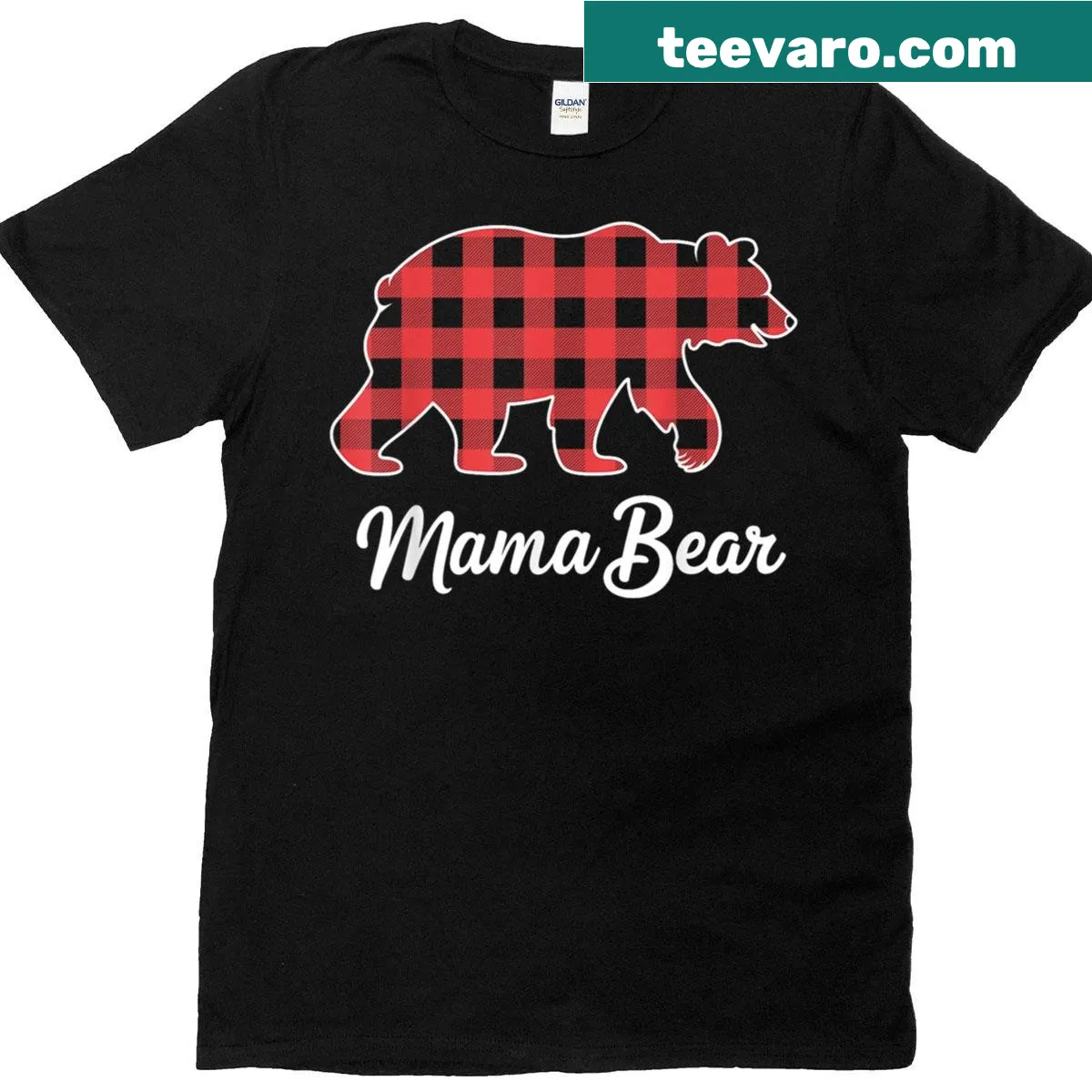 Mama Bear Christmas t-shirt with red buffalo plaid design — on a men's t-shirt