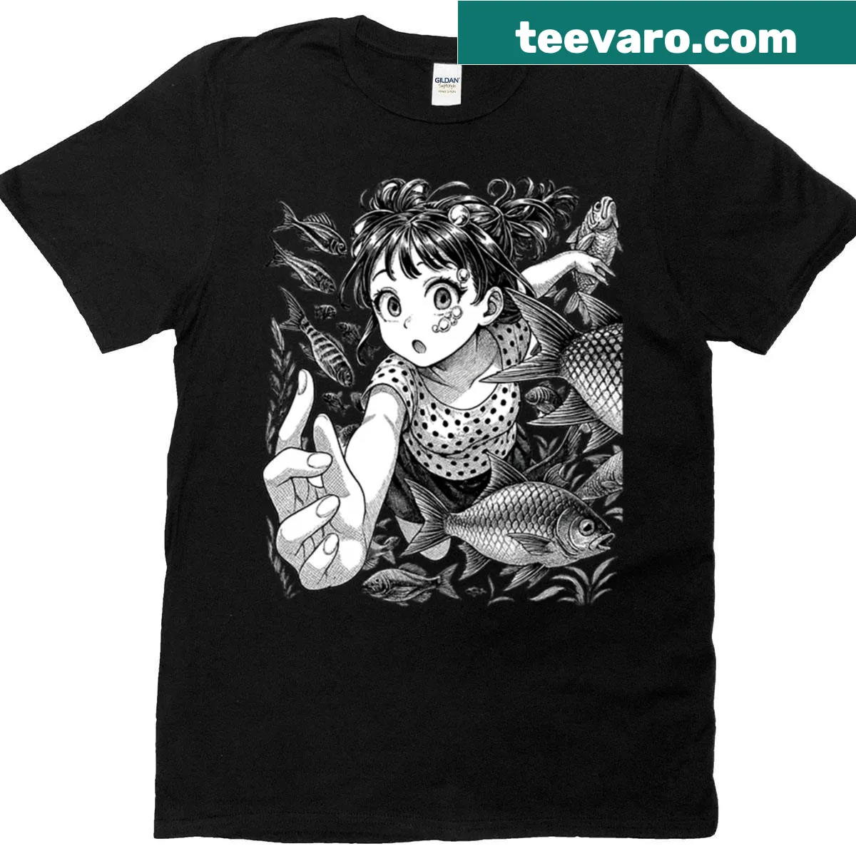 T-shirt featuring a manga-style mermaid girl in black and white ink art — on a men's t-shirt