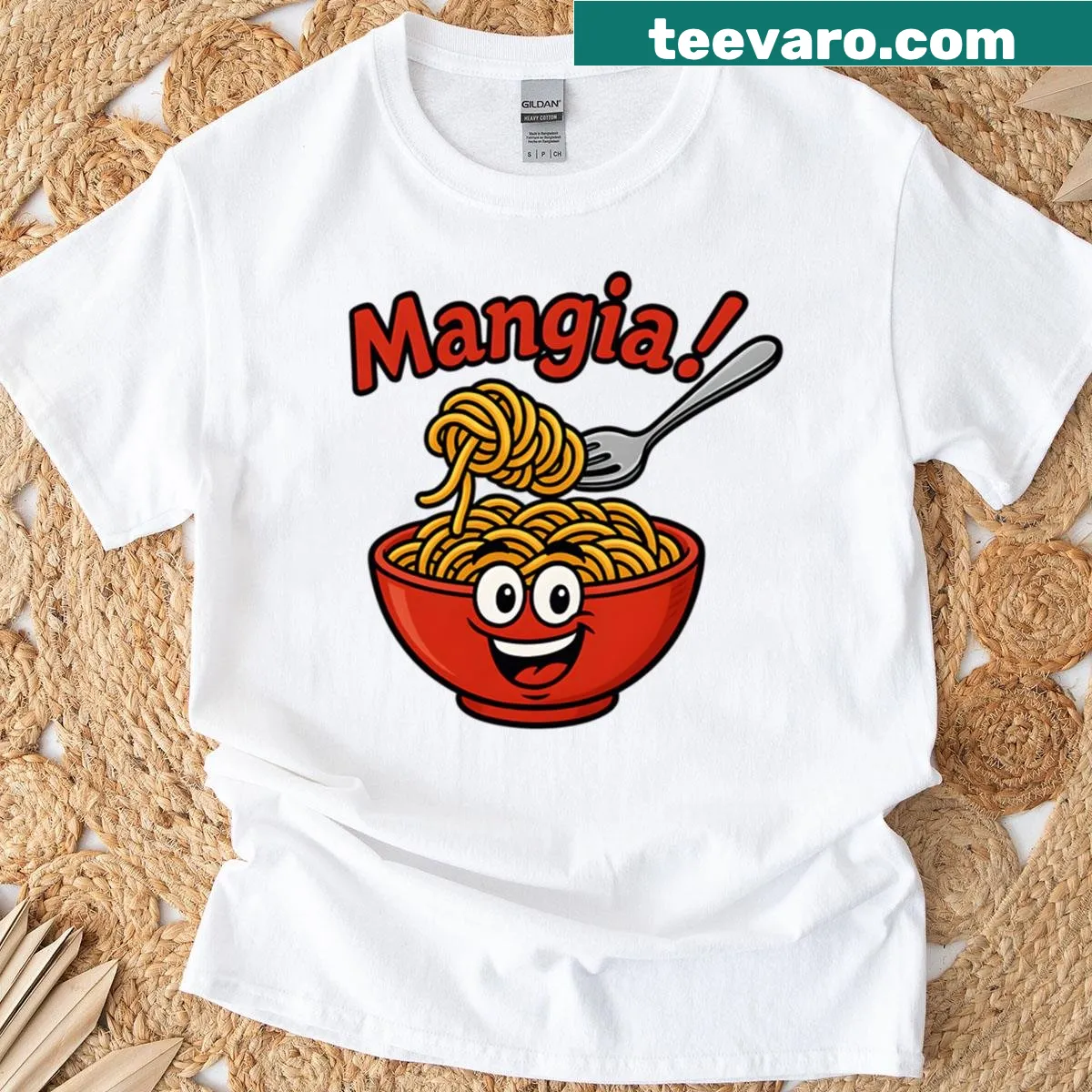 Cartoon spaghetti bowl graphic on a t-shirt, humorous design — on a men's t-shirt