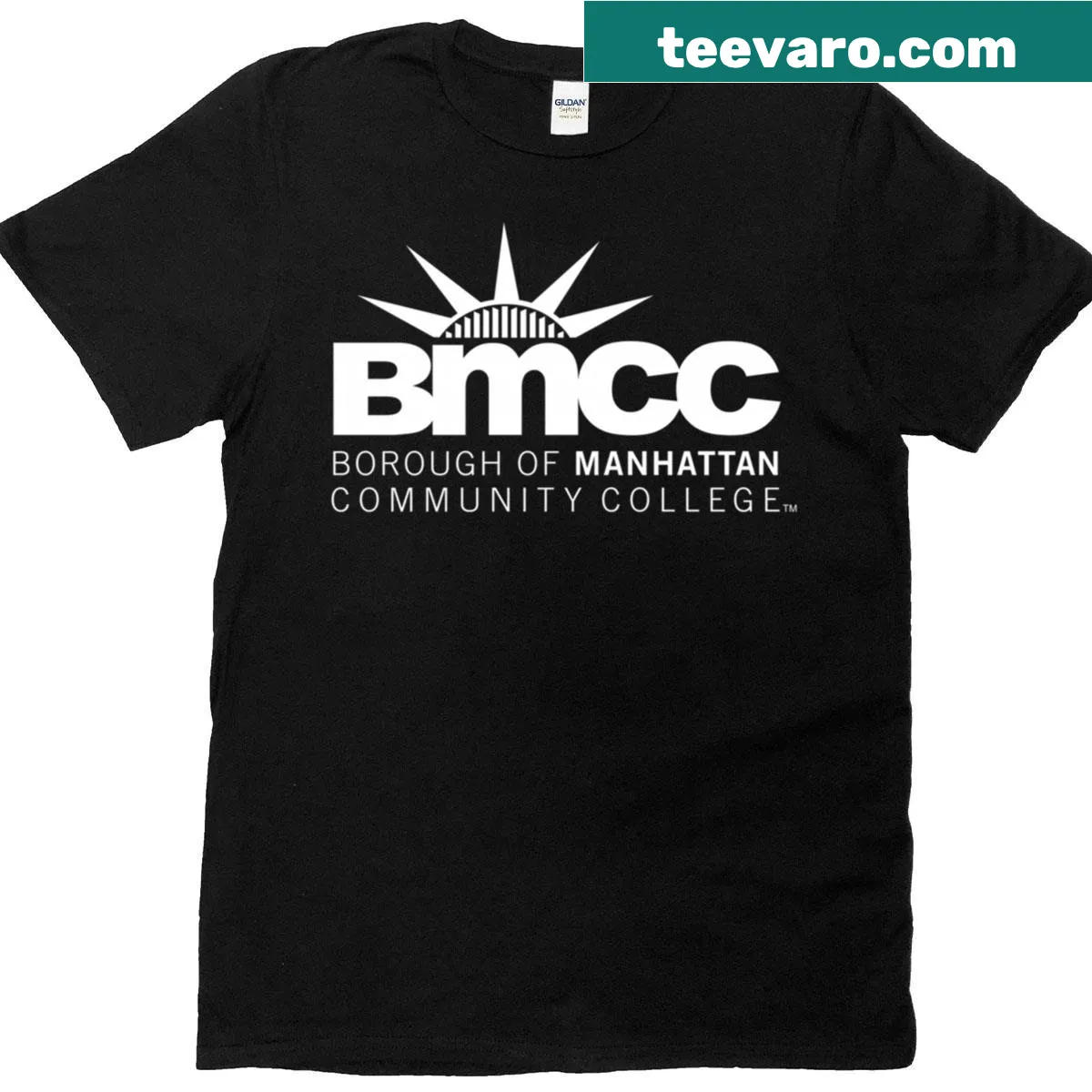 BMCC Panthers logo T-shirt for Manhattan Community College — on a men's t-shirt