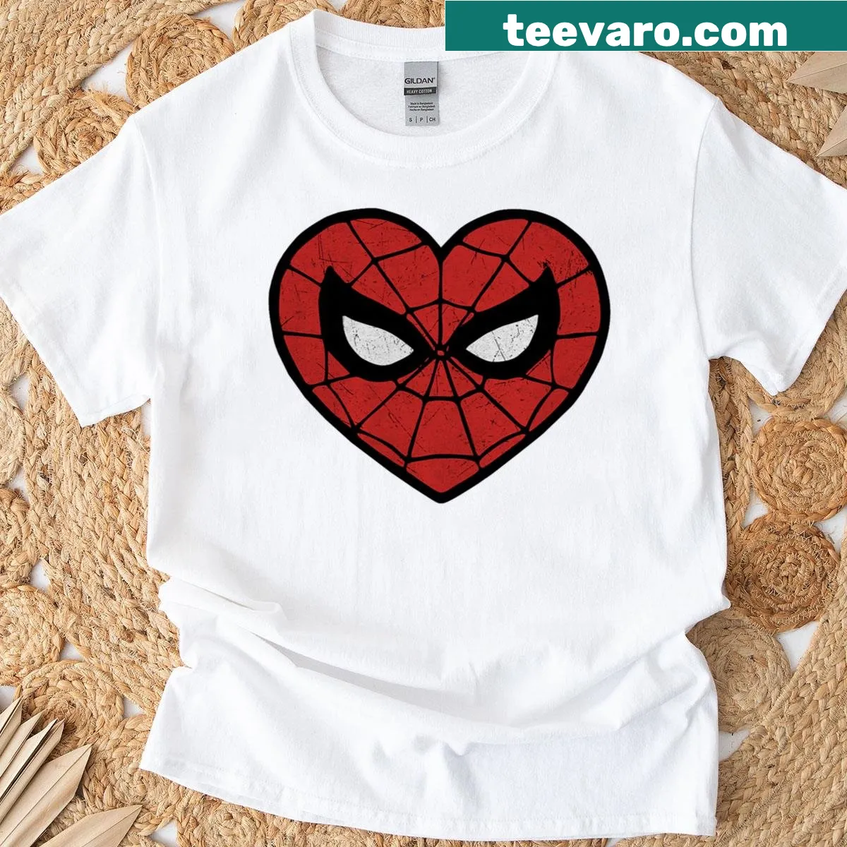 Marvel Spider-man heart logo and face mask illustration on a t-shirt — on a men's t-shirt