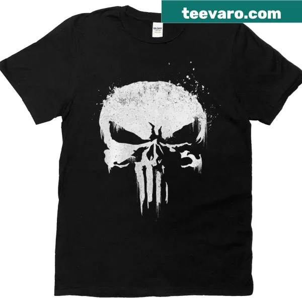 Punisher skull logo in white ink splatter on a T-shirt