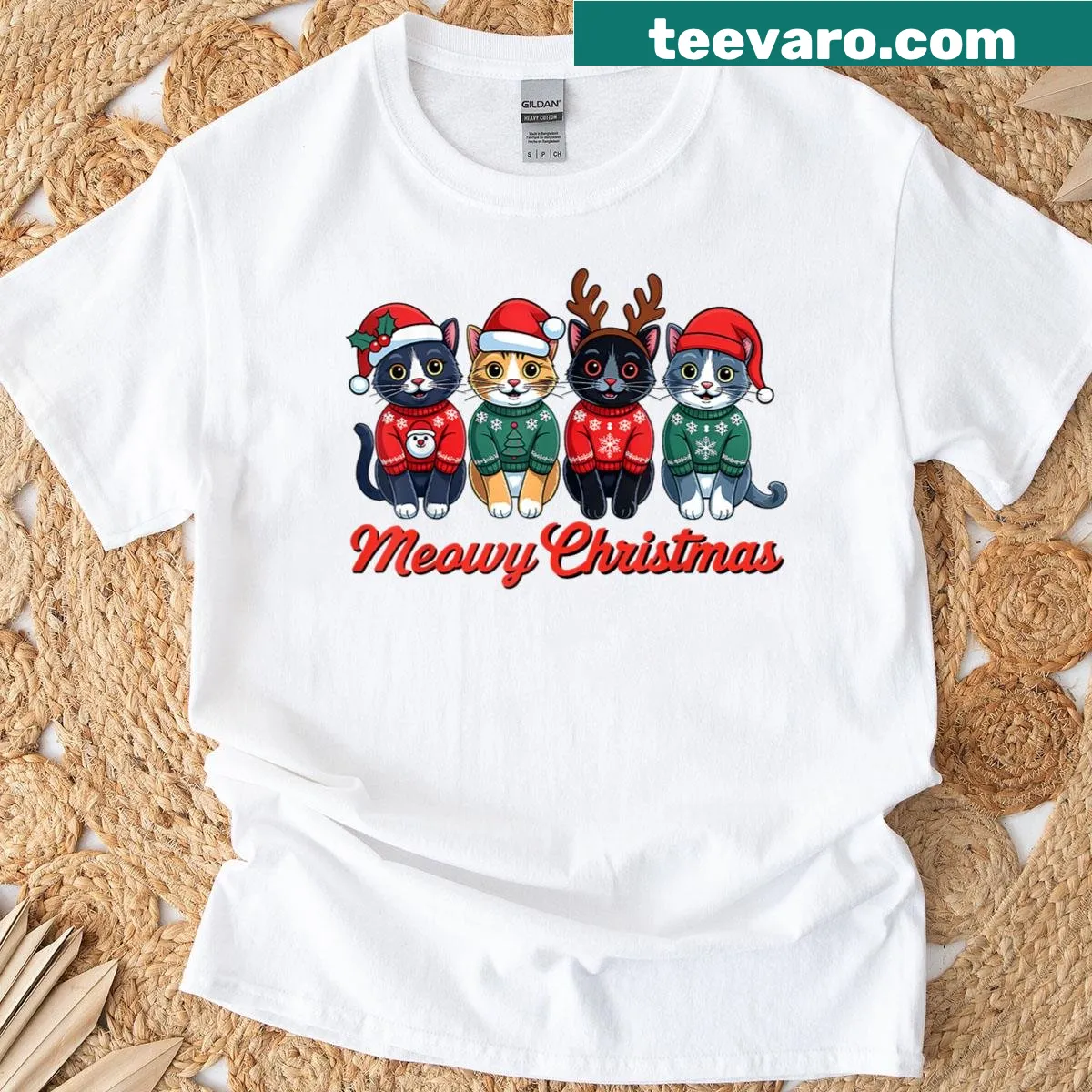Funny Christmas T-shirt with a cat in Santa hat design — on a men's t-shirt