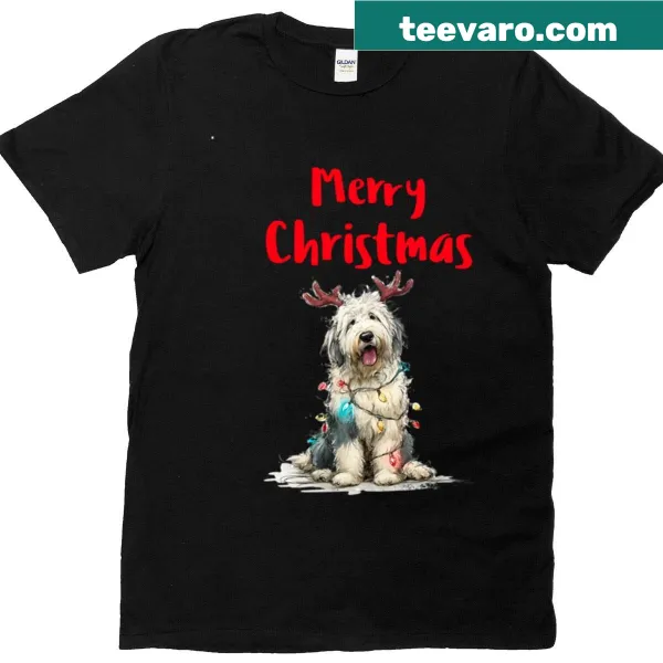 Christmas T-shirt featuring an Old English Sheepdog illustration