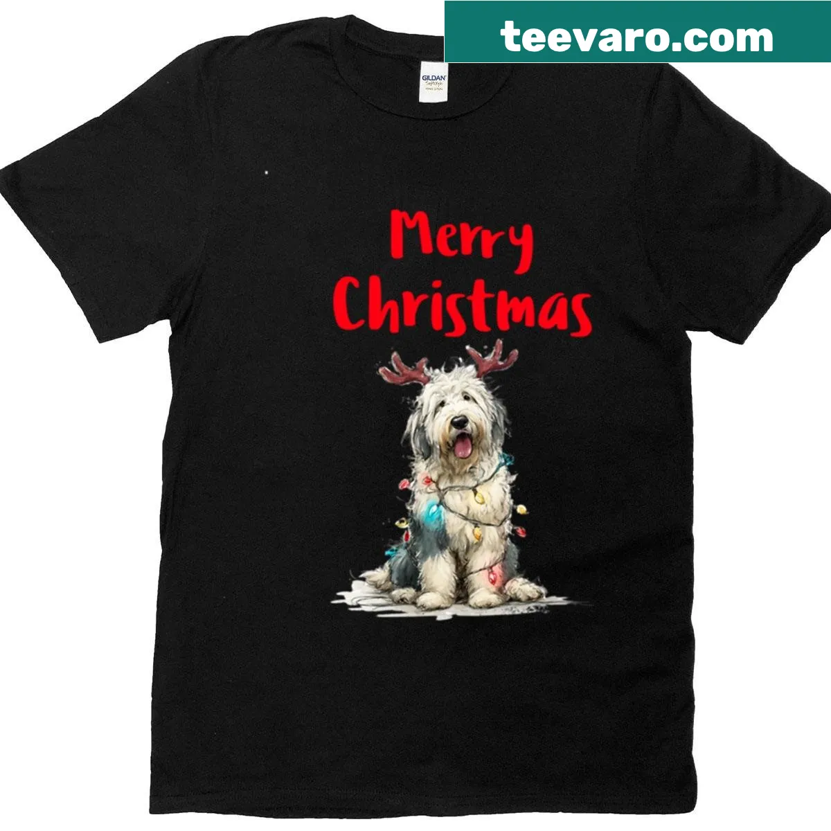 Christmas T-shirt featuring an Old English Sheepdog illustration — on a men's t-shirt