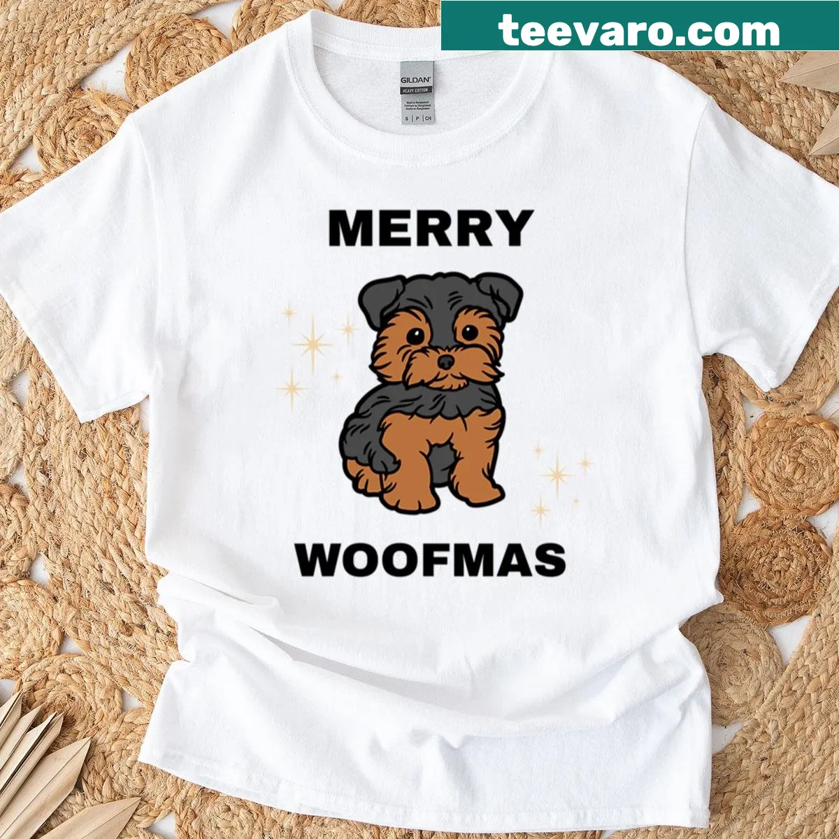 Minimalist Yorkshire Terrier illustration for Merry Woofmas T-shirt — on a men's t-shirt