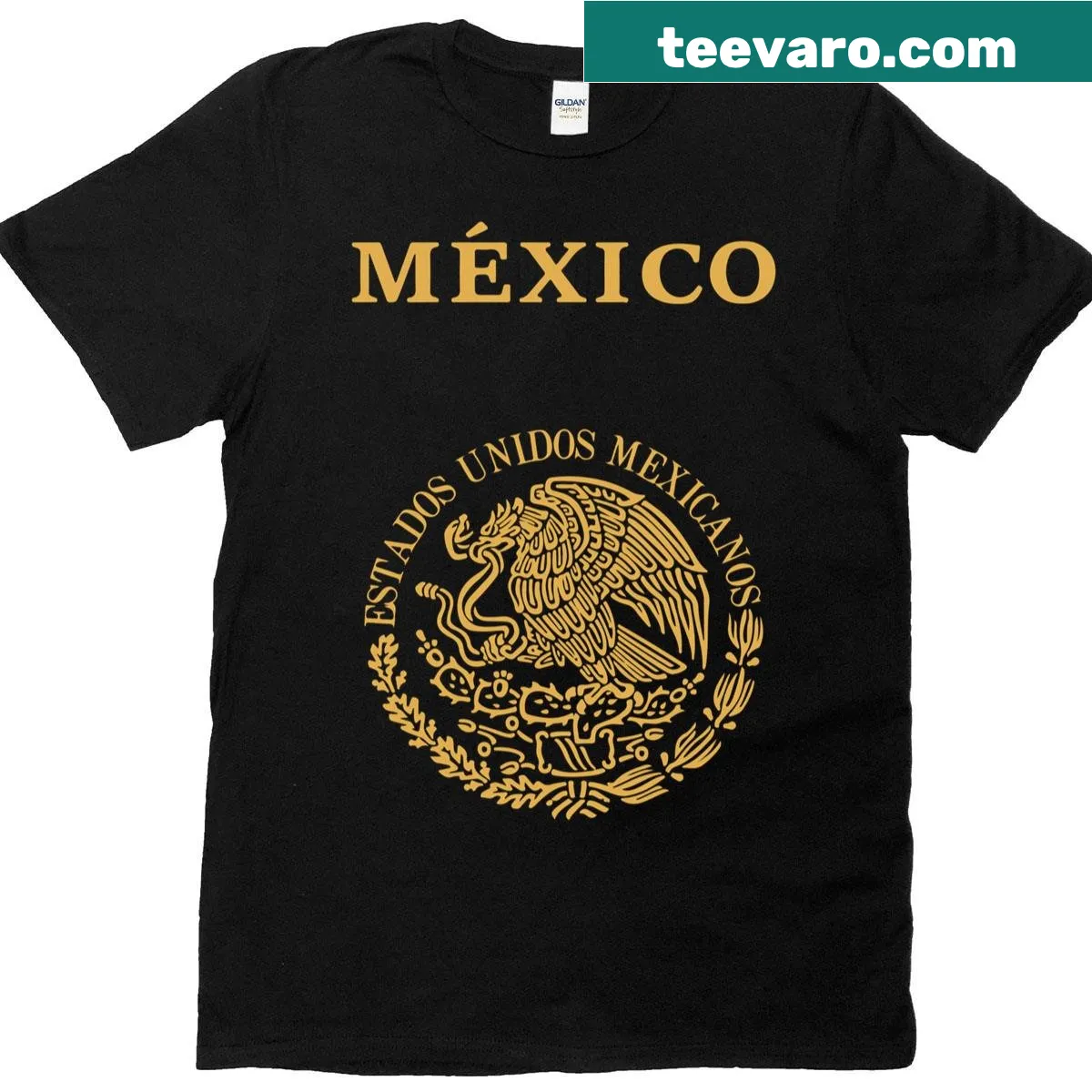 Travel t-shirt featuring a Mexican passport stamp logo design — on a men's t-shirt