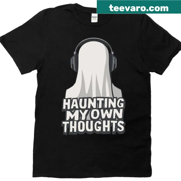 Minimalist ghost graphic with headphones representing haunting thoughts.