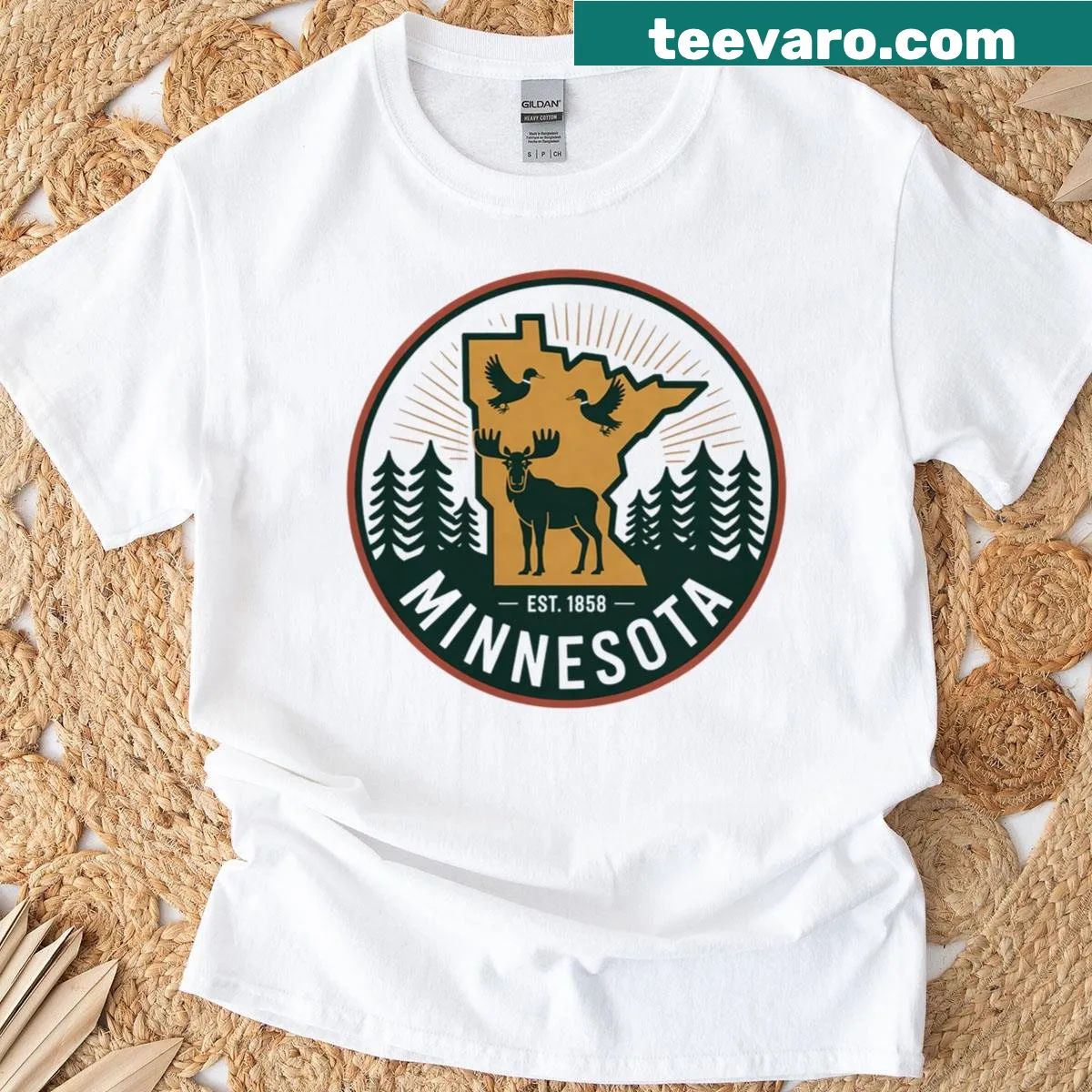 Minnesota moose logo with state map illustration T-shirt — on a men's t-shirt