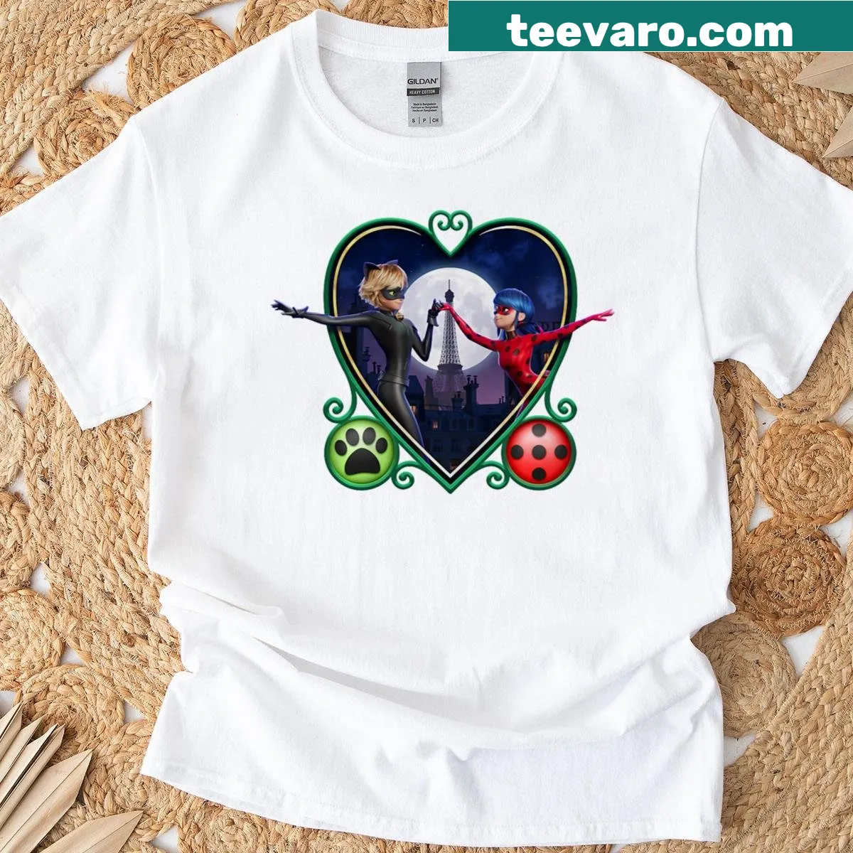 Heart design featuring Ladybug and Cat Noir from the movie — on a men's t-shirt