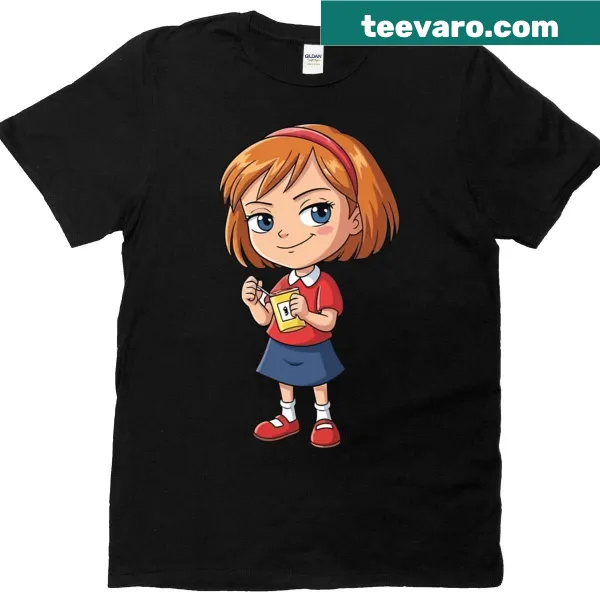 T-shirt with playful illustration of Ramona Quimby drinking juice
