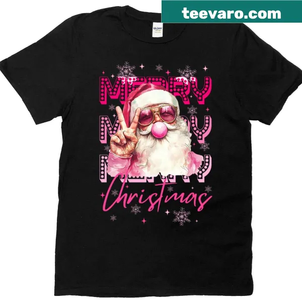 Retro-style Santa graphic blowing bubble gum on a Christmas shirt.