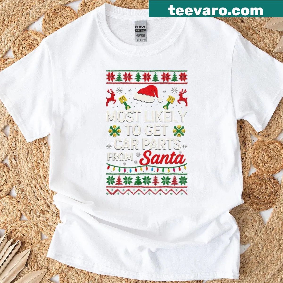 Funny Christmas mechanic t-shirt with car parts as gifts illustration — on a men's t-shirt