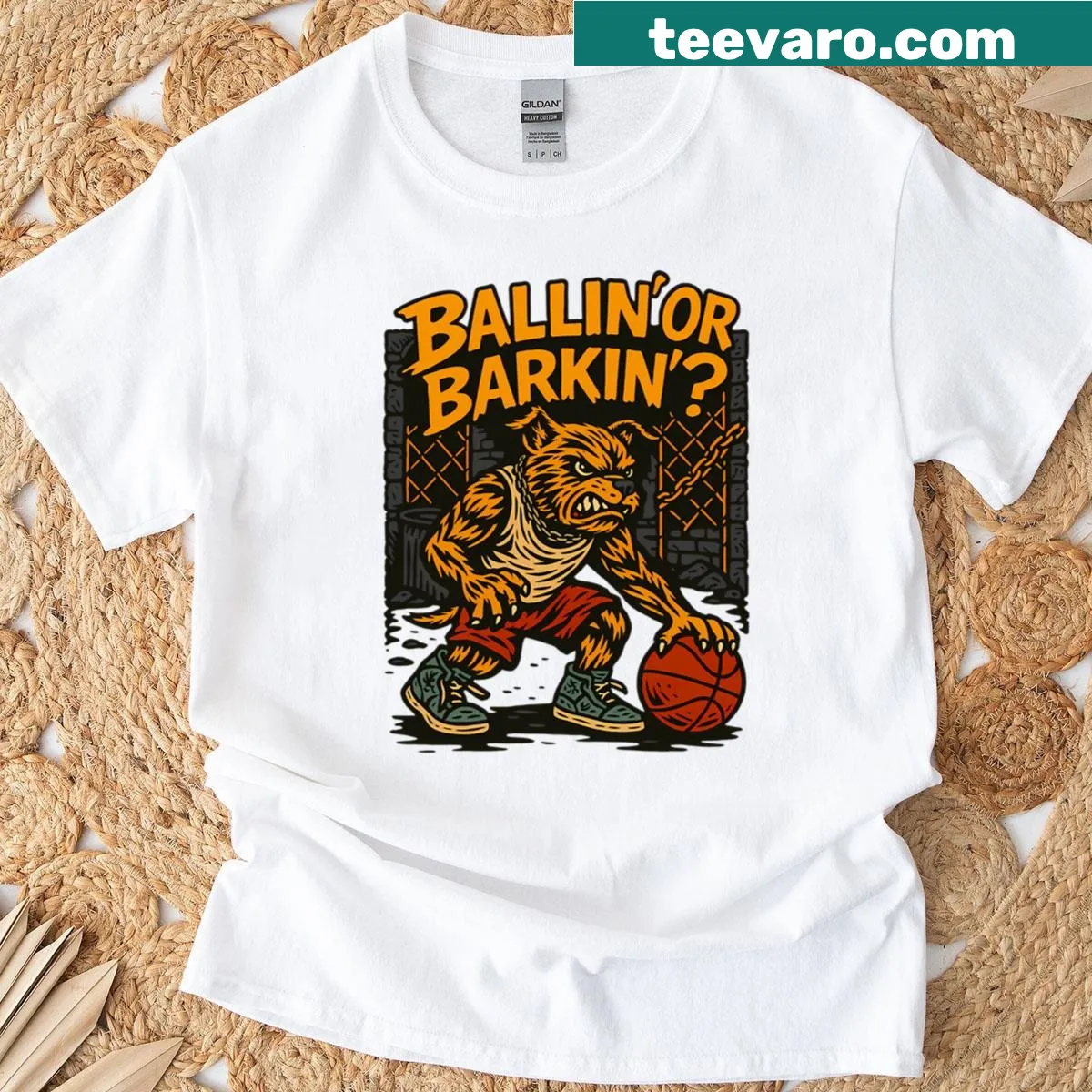 Shirt featuring a muscular dog playing basketball — on a men's t-shirt