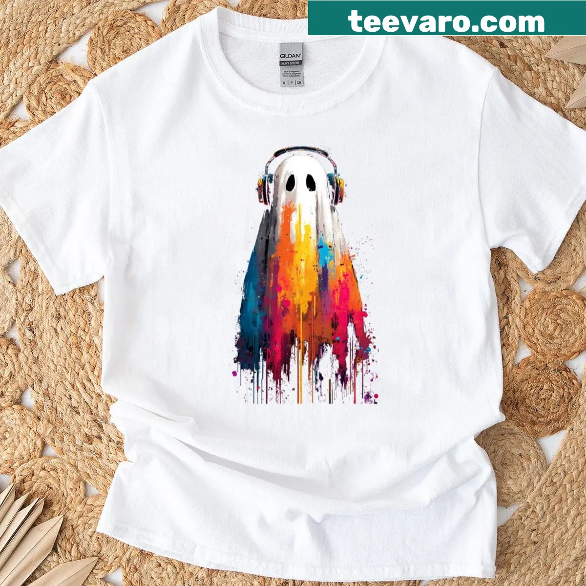 Playful ghost graphic with DJ headphones on a Halloween t-shirt — on a men's t-shirt