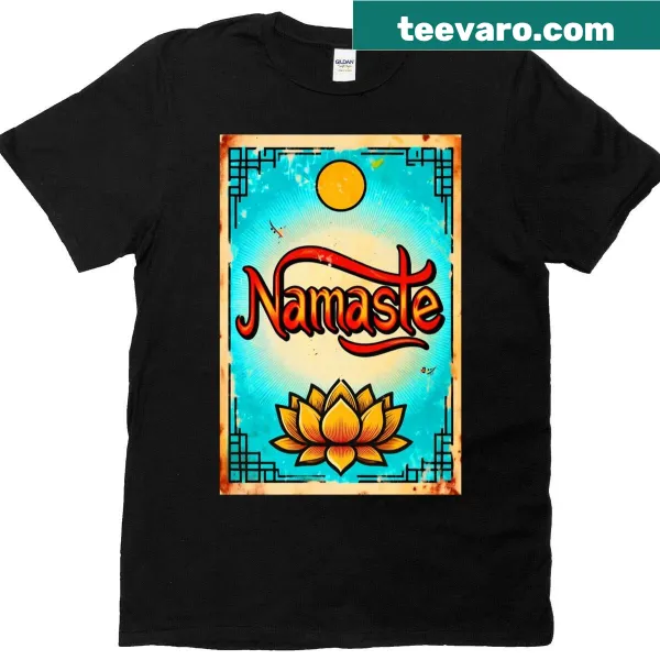 Namaste logo T-shirt promoting peace and mindfulness.