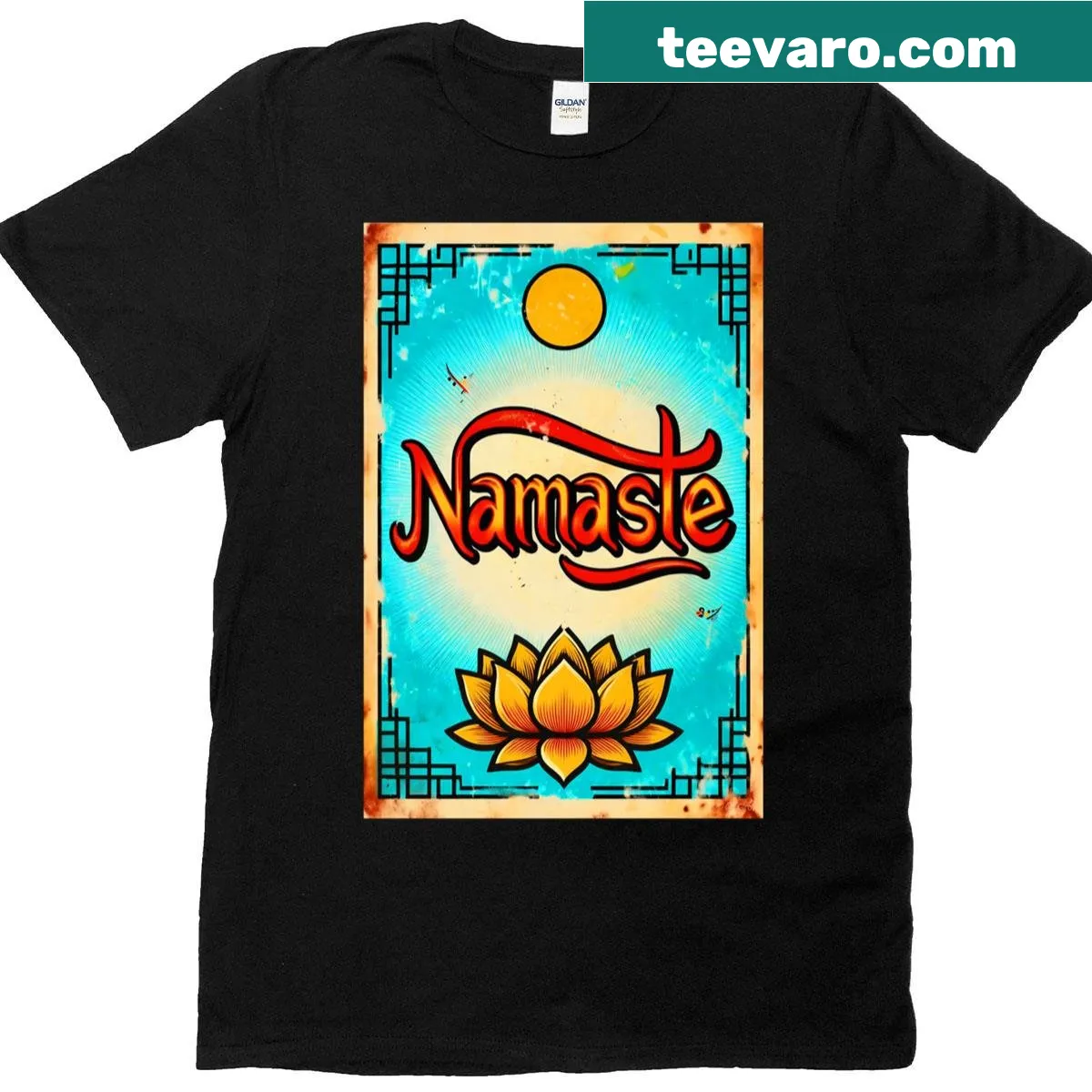 Namaste logo T-shirt promoting peace and mindfulness. — on a men's t-shirt