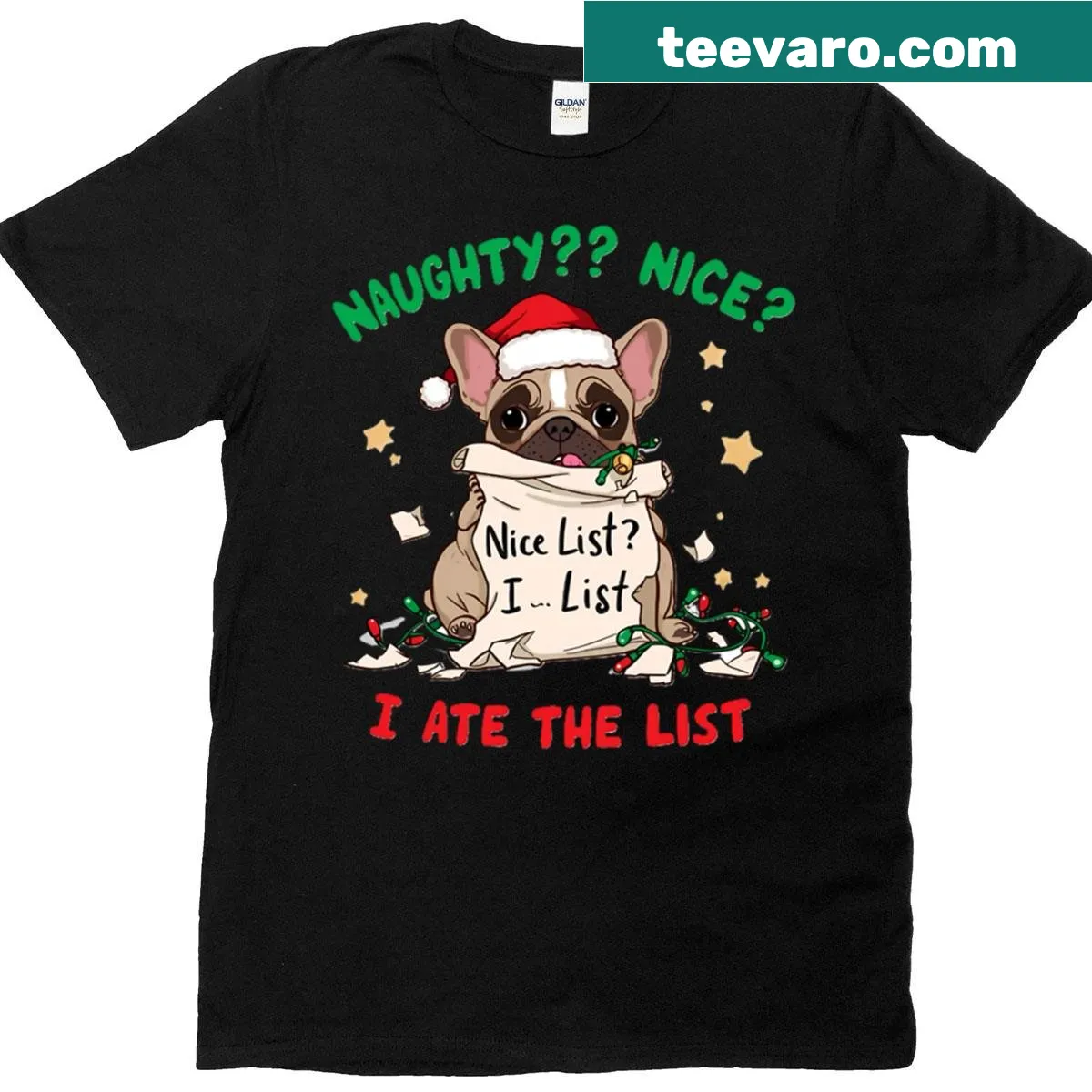 Whimsical T-shirt with a Frenchie in Santa hat eating a list — on a men's t-shirt