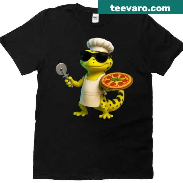 3D cartoon lizard chef pizza design T-shirt