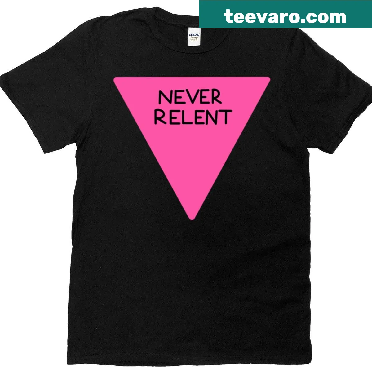 T-shirt with 'Never Relent' motivational text — on a men's t-shirt