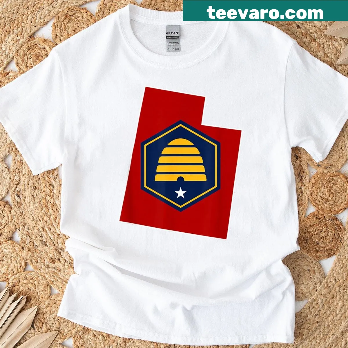Retro Utah state flag T-shirt with beehive logo — on a men's t-shirt