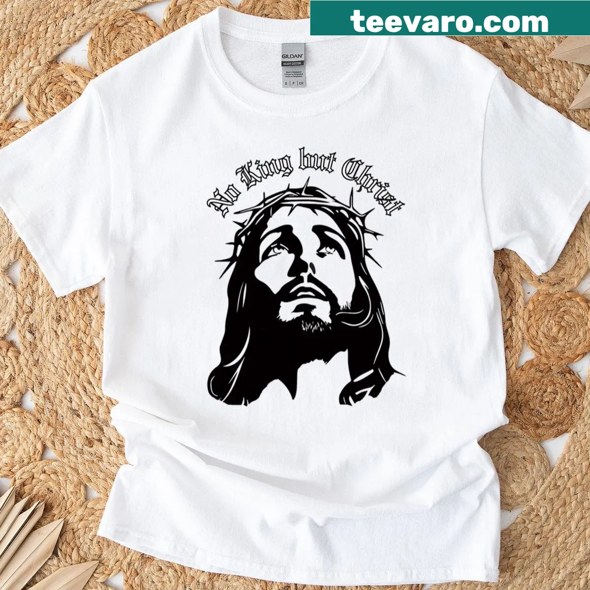 T-shirt featuring the phrase 'No King But Christ' in a simple design — on a men's t-shirt