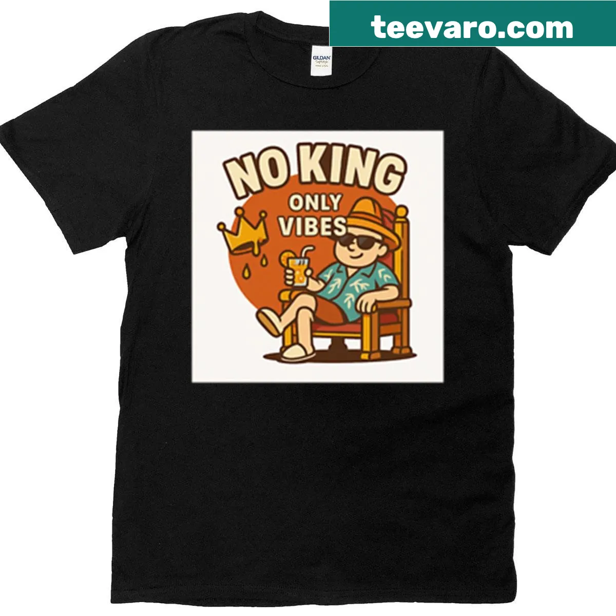 Playful t-shirt with 'No King - Only Vibes' text — on a men's t-shirt