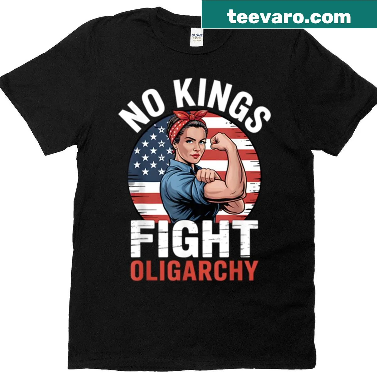 Typographic T-shirt with 'No Kings Fight Oligarchy' message — on a men's t-shirt