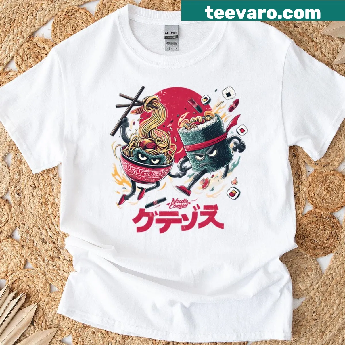 Oversized shirt with a humorous ramen vs sushi design — on a men's t-shirt
