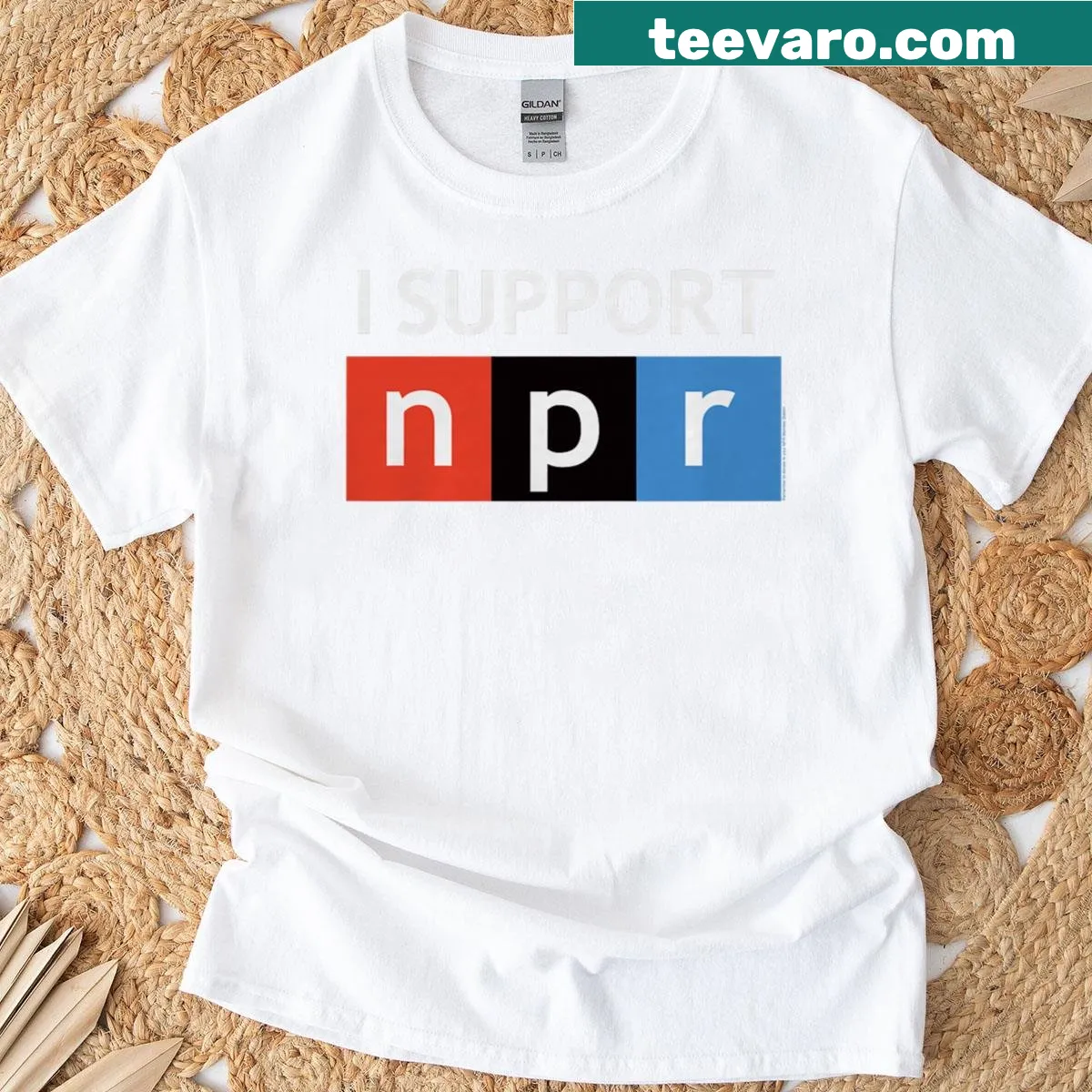 NPR logo T-shirt with a color block design — on a men's t-shirt