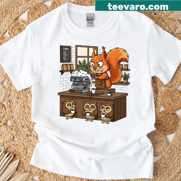 Funny coffee-themed graphic shirt with whimsical coffee cup illustration