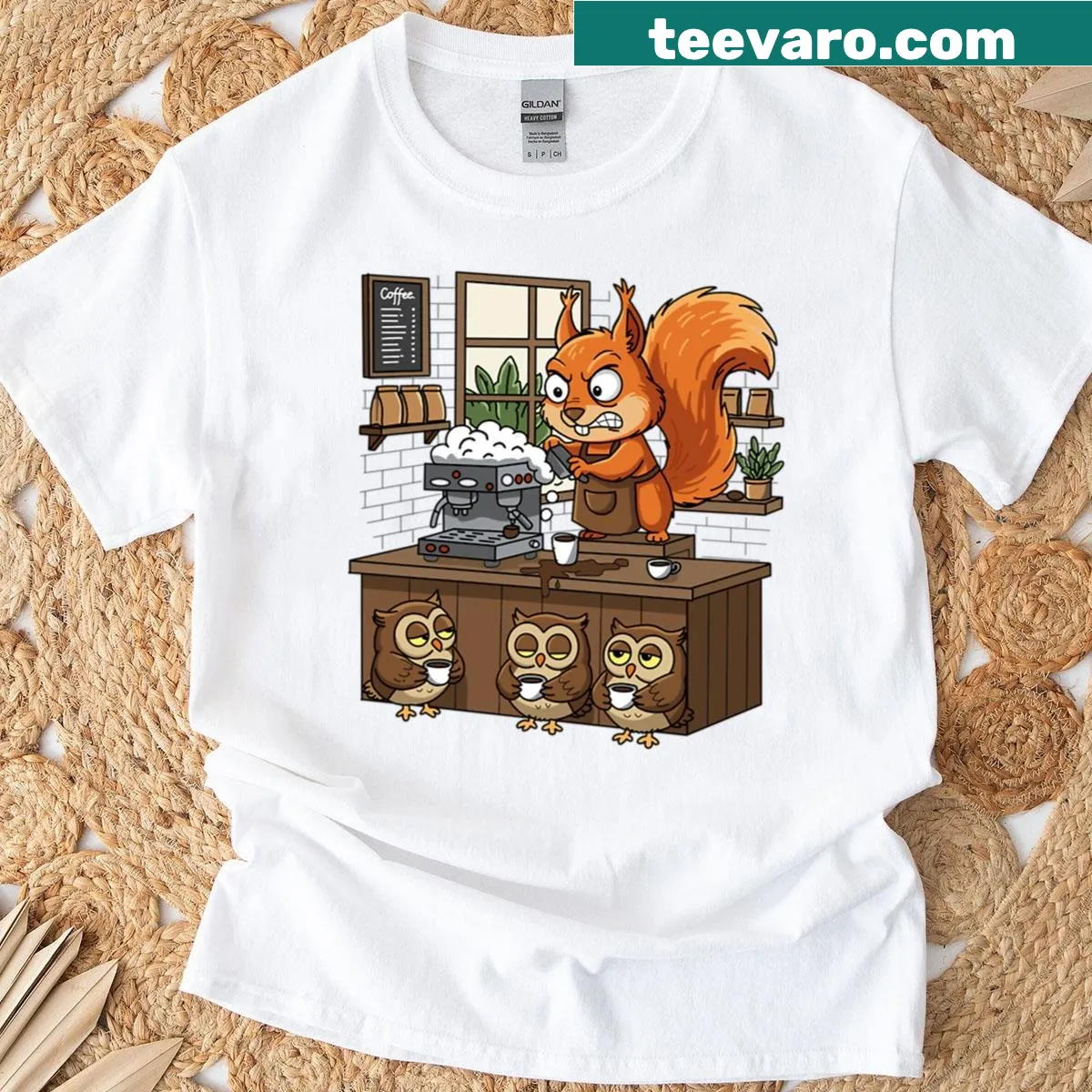 Funny coffee-themed graphic shirt with whimsical coffee cup illustration — on a men's t-shirt