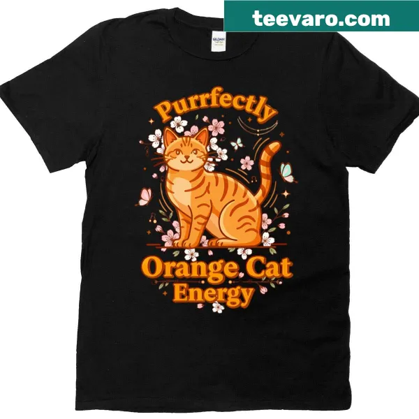 Whimsical orange cat illustration on oversized T-shirt